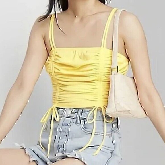 NEW NWT WILD FABLE Yellow Ruched Smocked Crop Top with Ties Bow Y2K Cotton Tank - Picture 1 of 12